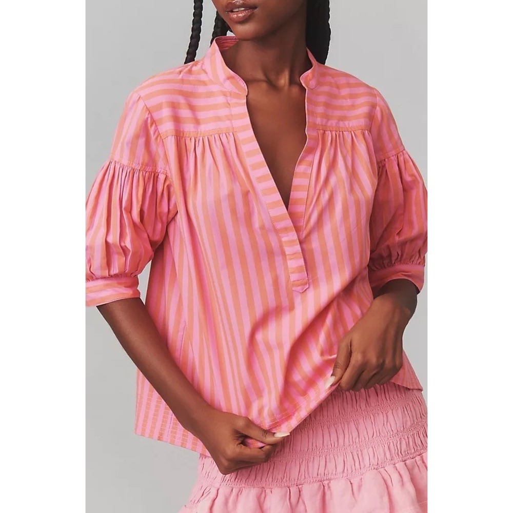 Anthropologie Darcey Striped Popover Swing Top Pink and Orange Cotton Women's M